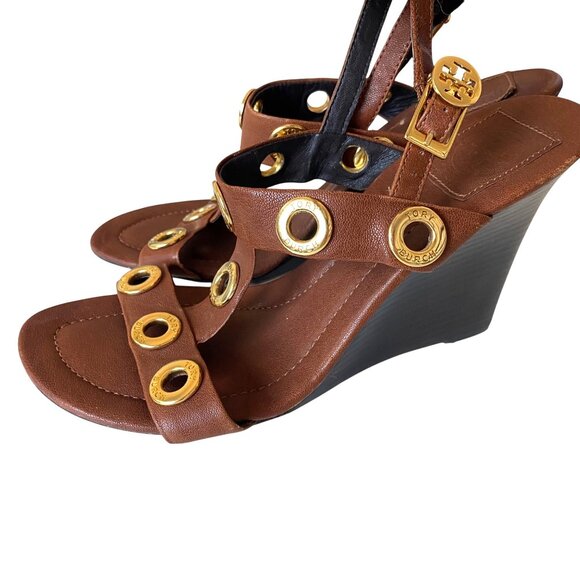 Tory Burch Kathryn Brown Leather Gold Grommet Wedge Sandals Sz 8.5 Designer Luxu - Picture 4 of 15